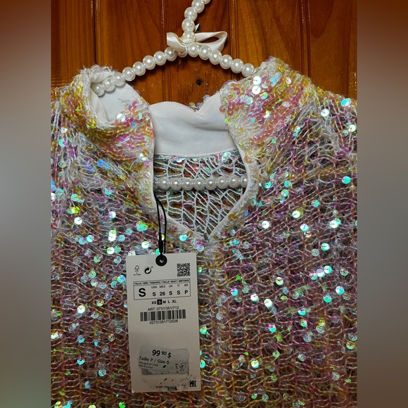 NEW ZARA ECRU WHITE SEQUIN SWEATER SIZE SMALL CHRISTMAS NEW YEARS - Picture 7 of 11